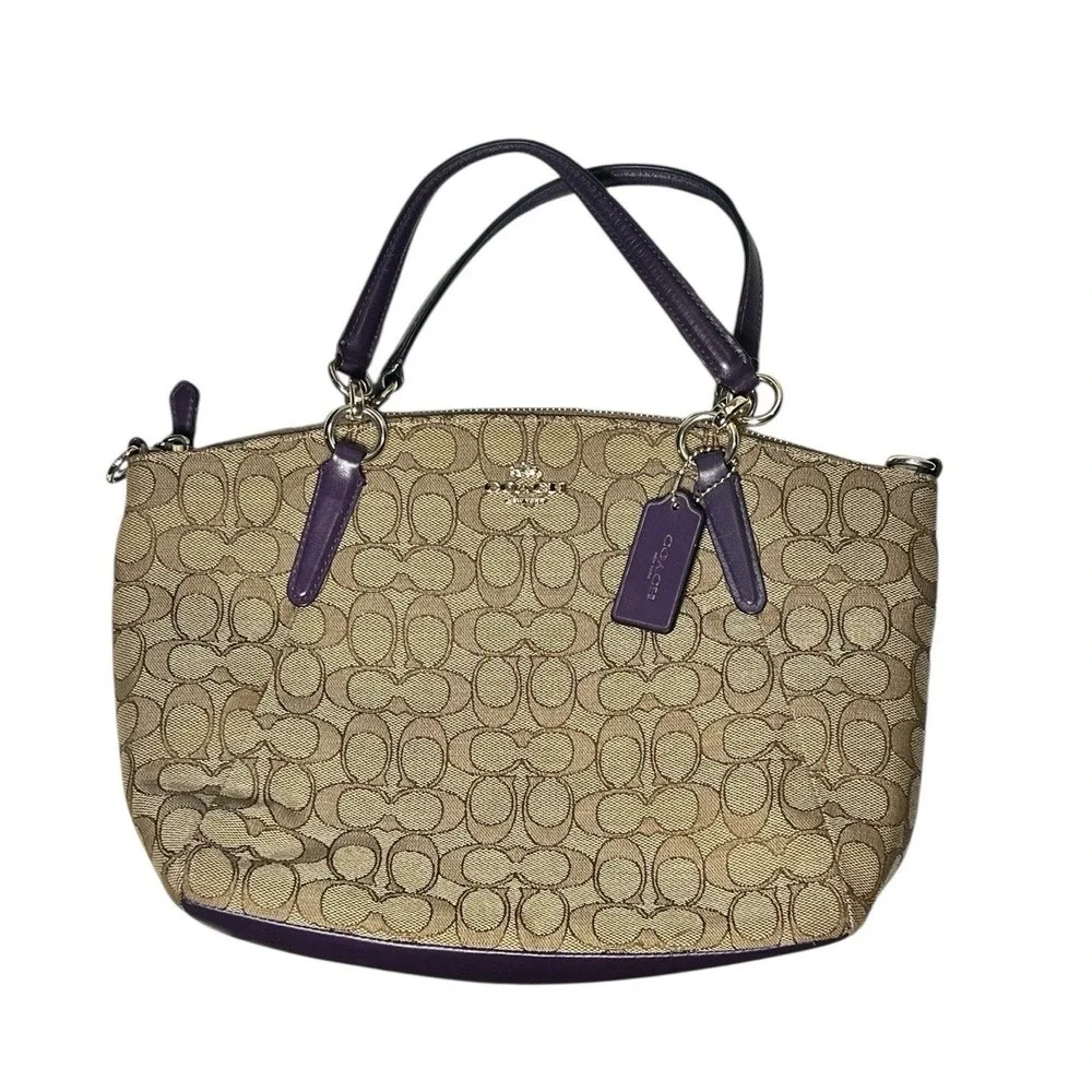 COACH Kelsey Crossbody Brown Purple Signature Canvas Leather Handbag No Strap‎